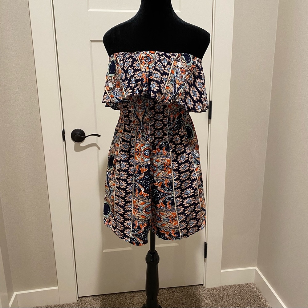 Wish Strapless Floral Dress - Navy and Orange